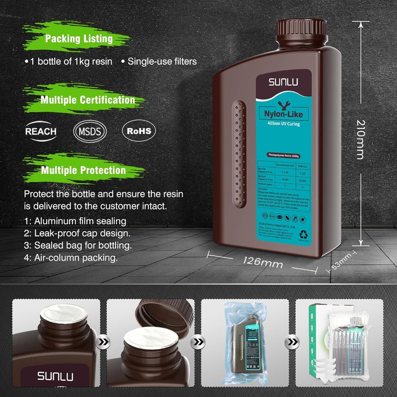 Sunlu 3D Printer Resin, Strong Durable Nylon Like 3D Resin for LCD DLP SLA Resin 3D Printers, 395-405nm UV Light Curing 3D Printing Liquid Photopolymer Resin, Good for Functional Parts, 1000g, Beige - Image 5